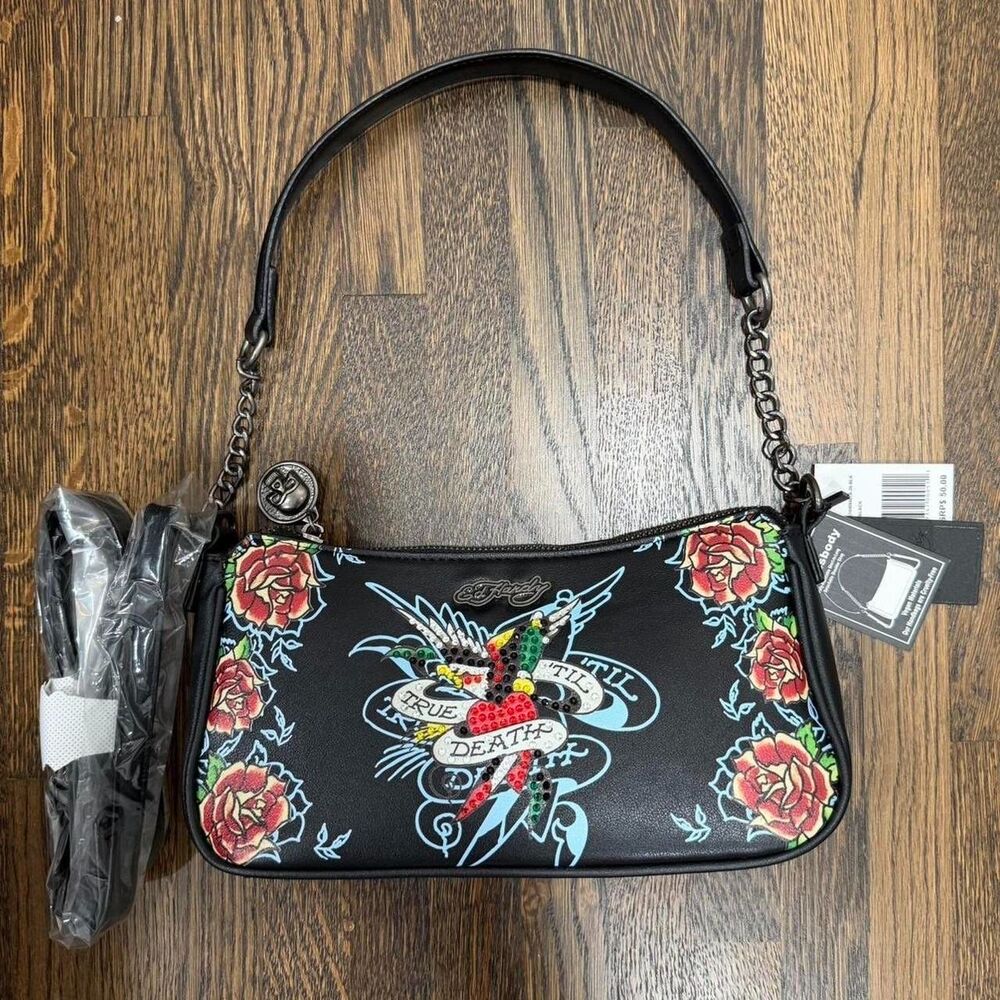 NWT ed hardy rhinestone bird roses black shoulder bag with chain strap